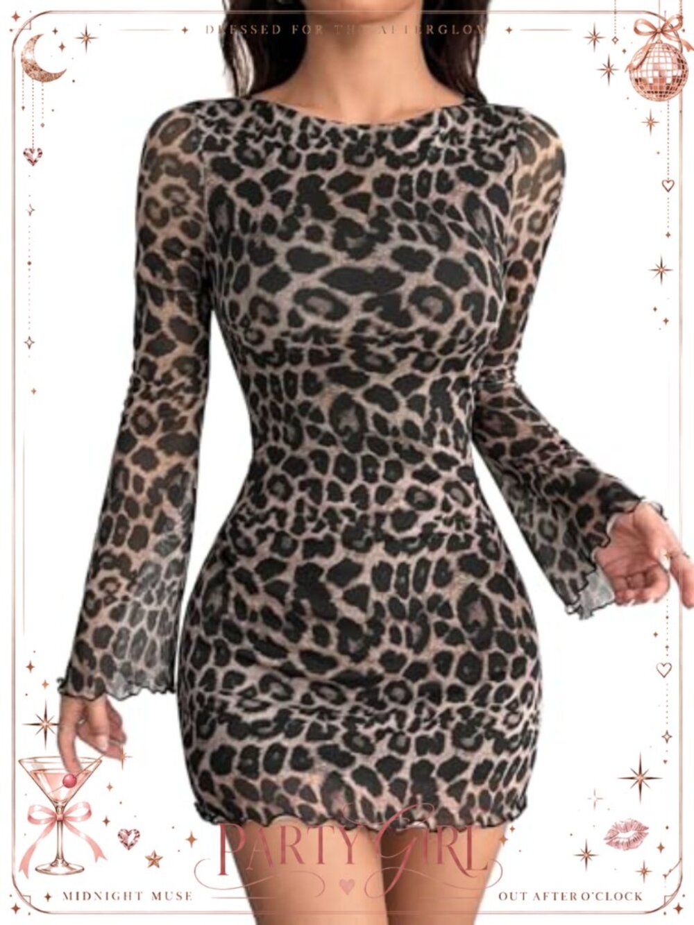 Leopard Print Mesh Bodycon Mini Dress Bell Sleeve Y2K Club Party